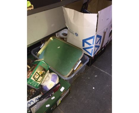4 boxes of bric-a-brac to include trays, vases, glassware, parafin lamp, etc 