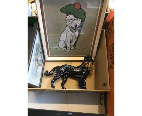 A box containing a Cecil Aldin print of a dog, a metal hunting dog, etc 