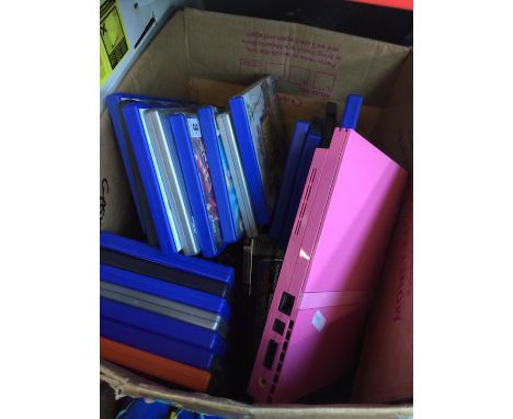 A box with a pink Sony PS2 console with controllers, accessories including Singstar mics, and good quantity of PS2 games (28)