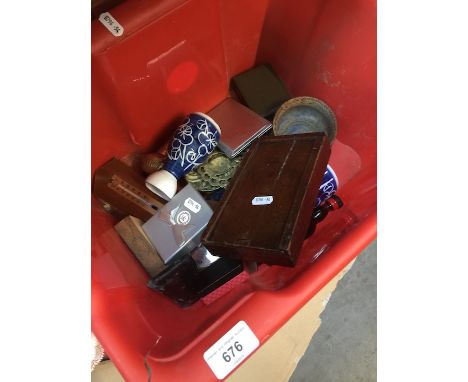 A box of mixed including brass, vintage buttons, pottery, barometer etc 