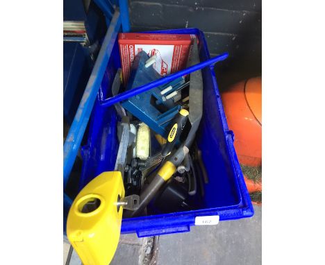 A box of tools to include a crook lock, etc 