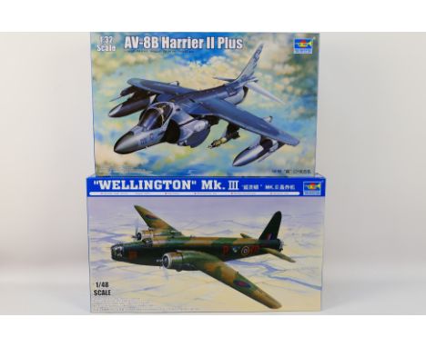 Trumpeter - Two boxed model kits comprising 1:48 scale Wellington Mk III 02823 and 1:32 scale AV-8B Harrier II Plus 02286. Bo