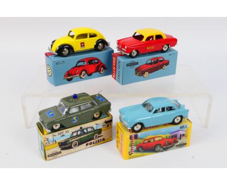 Mercury Hachette - A group of boxed cars, VW Beetle # 15, Alfa Romeo Giulietta Sprint # 3, Fiat 1300 Polizia # # 35 and Alfa 