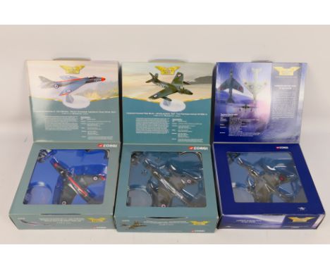 Corgi Aviation Archive - Three boxed diecast 1:72 scale model Hawker Hunter aircraft from Corgi AA. Lot consists of AA32704 H