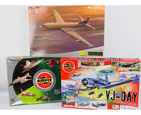 Airfix - 3 x boxed aircraft model kits in 1:72 scale, Nimrod # A12050, VJ-Day set # 08672 and 90 Years Of Fighters set # 0865