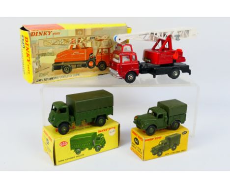 Dinky - 3 x boxed trucks, Army Covered Wagon # 623, Army 1 Ton Truck # 641 and Bedford Jones Fleetmaster Crane # 970. They sh