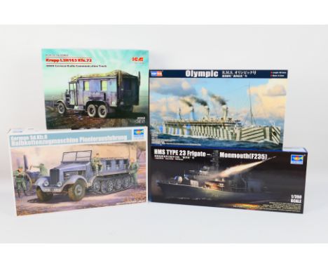 Trumpeter - ICM - Hobbyboss - Four boxed model kits comprising Trumpeter German Sd.Kfz.6 Halbkettenzugmaschine Pionierausfuhr
