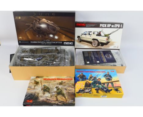Meng - ICM -  Four boxed model kits comprising Meng 1:72 scale Dune Harkonnen Ornithopter DS-009, Meng 1:35 scale Pick Up w/Z