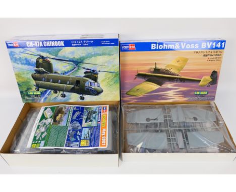 Hobbyboss - Two boxed model kits comprising CH-47A Chinook 1:48 scale No. 81772 and Blohm & Voss BV141 1:48 scale No. 81728. 
