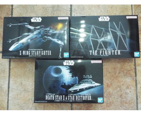 Bandai Star Wars -a trio of Star Wars Model Kits comprising 1:72 scale X-Wing Starfighter # 5064103, 1:72 scale Tie Fighter #
