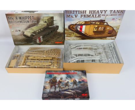 Meng - ICM - three boxed 1:35 scale model kits comprising Meng Mk. A Whippet British Medium Tank TS-021, Meng British Heavy T
