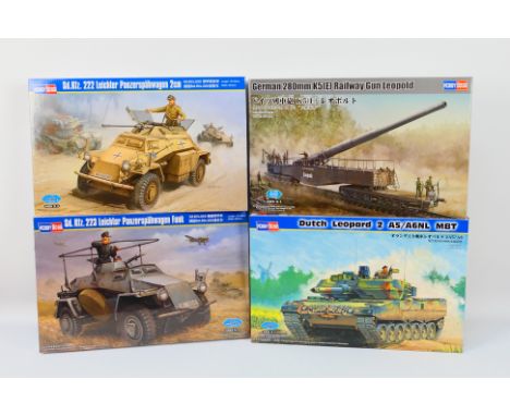 Hobbyboss - Four boxed Hobbyboss model kits comprising Sd.Kfz. 222 Leichter Panzerspahwagen 2cm 1:35 scale 82442, Dutch Leopa