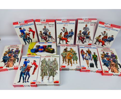 Miniart - 12 Miniart military and civilian figure and accessory model kits, comprising scale 1:35 Nos. 38085 x 2 (Modern Cafe