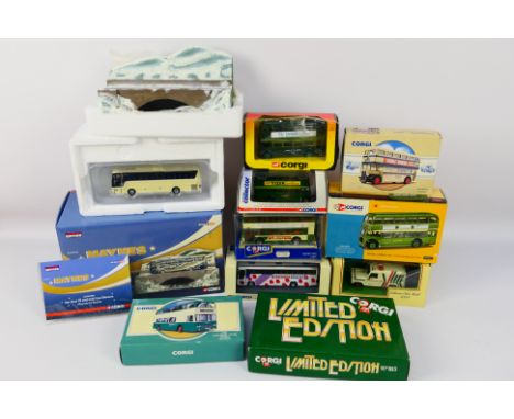 Corgi - A boxed assortment of Corgi model vehicles in various scales. Lot includes a Corgi OM45908 Van Hool T9 & Cold Cast Di