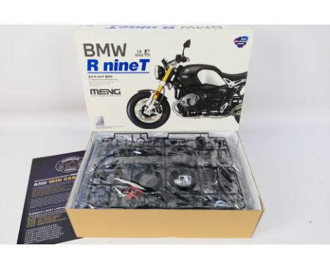 Meng - A boxed Meng 1:9 scale BMW R nineT motorcycle model kit, pre-coloured condition MT-003s. The contents appear to be exc
