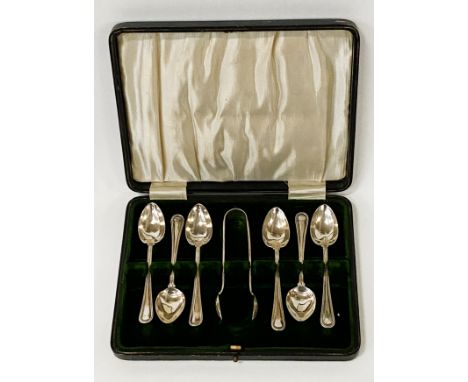 CASED SET OF HM SILVER SPOONS &amp; TONGS - 106 GRAMS