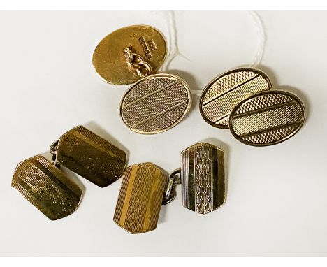 PAIR OF 9CT GOLD CUFFLINKS - 14 GRAMS TOGETHER WITH A PAIR OF 9CT GOLD ON SILVER CUFFLINKS
