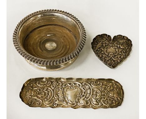 2 ORNATE SILVER PIN TRAYS WITH HM SILVER WINE COASTERS