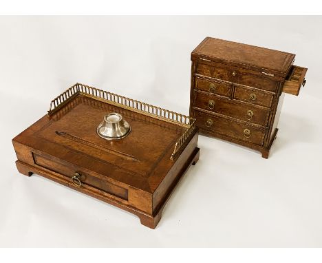 APPRENTICE CHEST OF DRAWERS TOGETHER WITH INKWELL STAND WITH HM SILVER INKWELL A/F