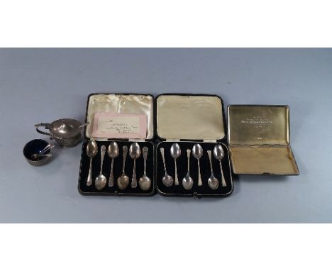 Two boxed sets of silver coffee spoons, together with a silver cigarette case, silver mustard pot, salt and three spoons, app