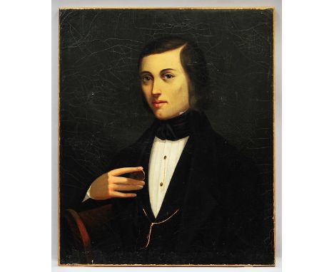 British School, mid/late 19th century- Portrait of a gentleman holding a coin; oil on canvas, 65x54.5cm, (unframed)