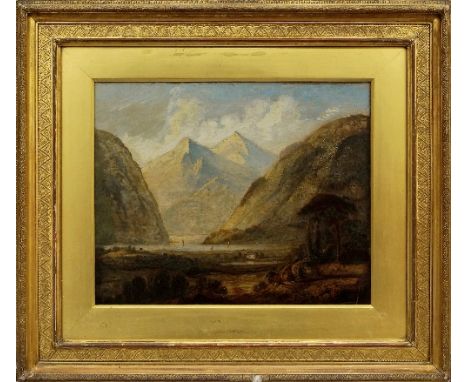 Follower of Julius Caesar Ibbetson, British 1759-1817- Figures on a hillside with a loch and mountains beyond; oil on canvas,