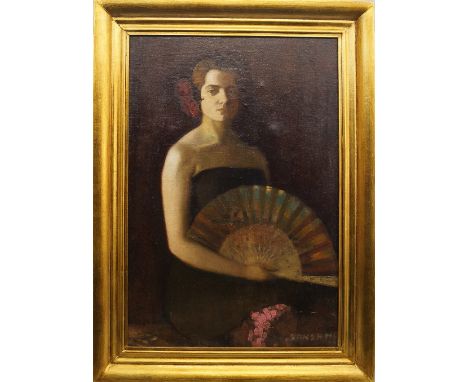 European School, mid 20th century- Portrait of a lady, seated three-quarter length in a black dress, holding a fan; oil on ca