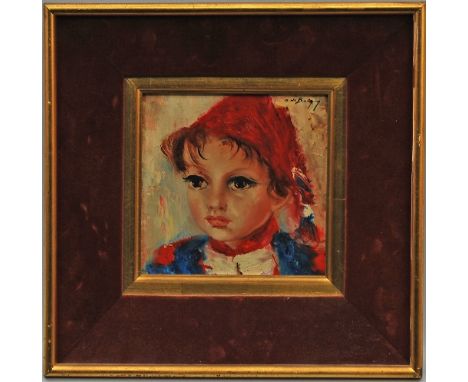 Anna de Banguy, French fl.1953- Portrait of a girl; oil on board, signed, bears artist's own label attached to the reverse, 1