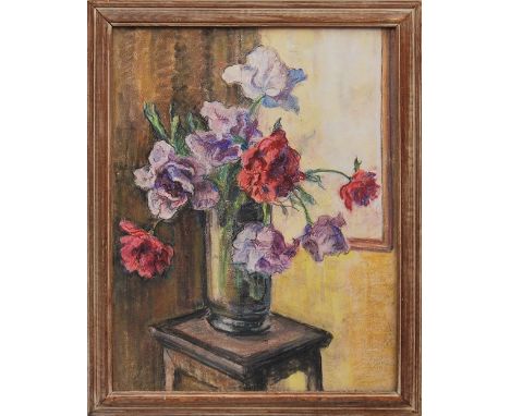 British School, mid 20th century- Still life with flowers beside a mirror; pastel, 61x47.1cm: Phillipe Benoist, French 1813-c