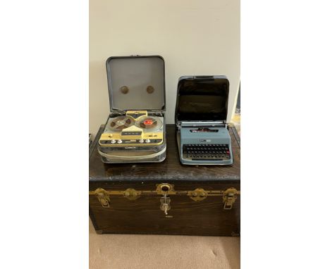 TRAVELLING TRUNK, BUSH REEL TO REEL TAPE RECORDER AND PORTABLE OLIVETTI TYPEWRITER