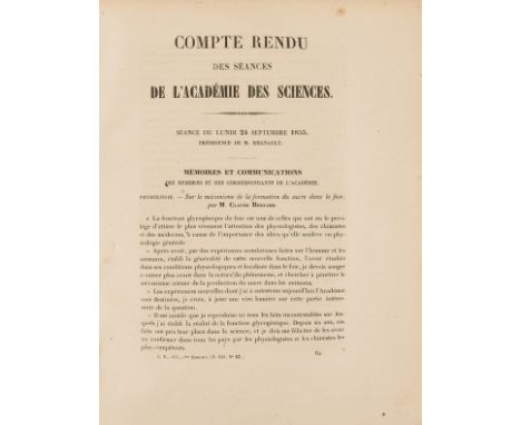 NO RESERVE Physiology.- Bernard (Claude) Sur le mécanisme de la formation du sucre dans le foie, first edition, in Comptes re