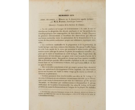 NO RESERVE Bacteriology.- Fermentation.- Pasteur (Louis) Mémoire sur la fermentation appelée lactique [and] Mémoire sur la fe