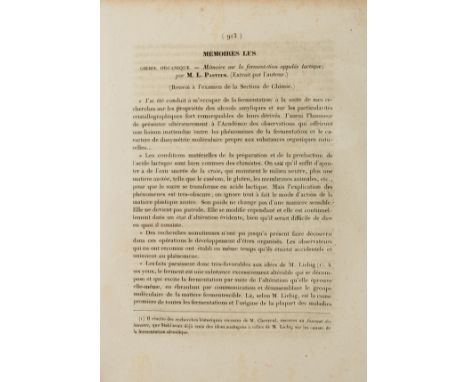 NO RESERVE Bacteriology.- Fermentation.- Pasteur (Louis) Mémoire sur la fermentation appelée lactique [and] Mémoire sur la fe