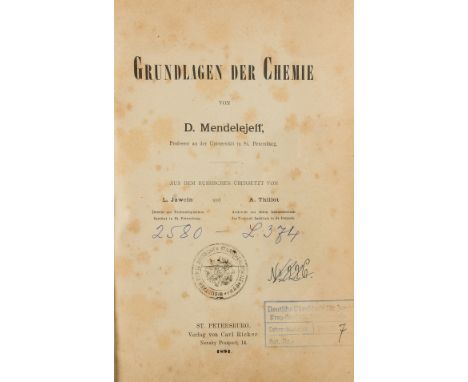 NO RESERVE Chemistry.- Mendelejeff (Dimitri) Grundlagen der Chemie, first German edition, 2 plates (of which 1 folding), blac