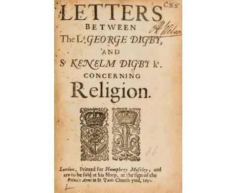 Digby (Lord George &amp; Sir Kenelm) Letters between...concerning Religion, first edition, woodcut devices on title, 2 margin