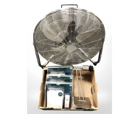 A fan, three battery wall mounted doorbells and a lamp. 