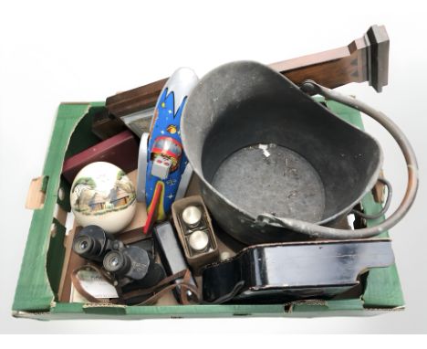 Miscellaneous wares including an oak barometer, a pair of Canadian military binoculars dated 1943, brass coal bucket, painted