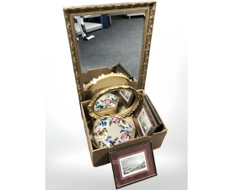 Two reproduction gilt mirrors, largest 84 cm x 54 cm, together with a tapestry hexagonal footstool and three 19th century han