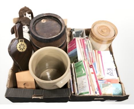 A quantity of ordnance survey maps, together with a C. H. Stewart & Co pottery lidded jar, further jar, a metal bound oak bar