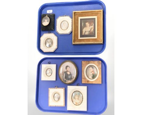 A group of portrait miniatures, some with bone veneered frames together with a jewellery box, unframed prints etc CONDITION R