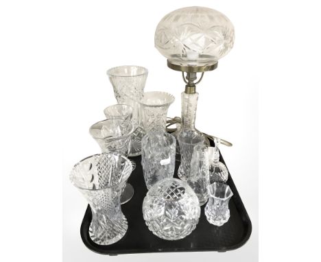 Several crystal vases, mushroom lamp height height 41 cm, and a hand bell 