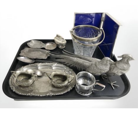 A group of silver plated dishes, pairs of pheasant ornaments, bi-fold photograph frame, Ronson Queen Anne table lighter etc  