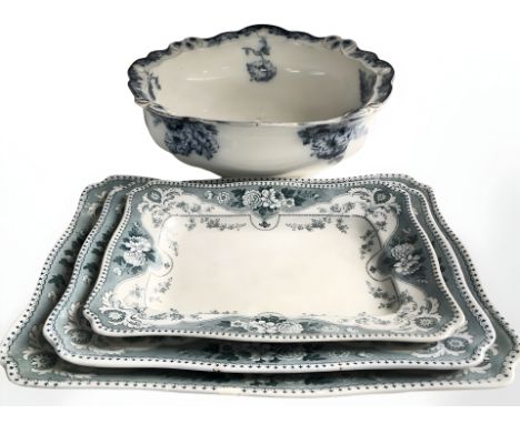 Three 19th century graduated transfer printed meat plates and a blue and white wash basin, diameter 42 cm.