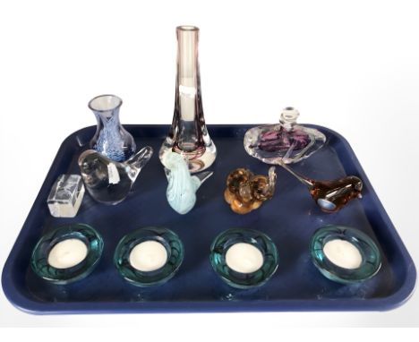 Various glass bird paperweights including Wedgwood, Caithness glass vase, four tealight holders, scent bottle etc 