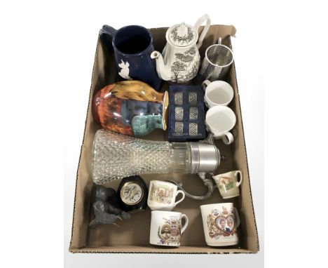 A Poole pottery vase, claret jug with EPNS mount, commemorative mugs, set of napkin rings, other ceramics, etc. (1 box)