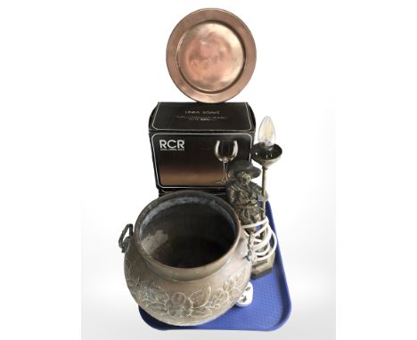 A 19th century copper planter, a further plate, a brass figural lamp base and two sets of RCR crystal glasses.
