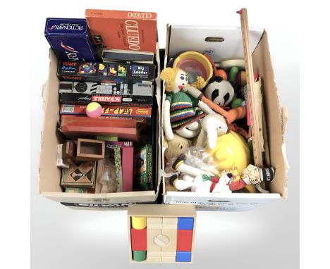 A collection of board games, wooden puzzle blocks, recorder, children's soft toys, etc. (2 boxes)