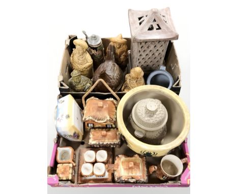 A group of cottage ware ceramics, pottery lantern, ceramic caddies, tureen, rumtopf storage jar, etc. (2 boxes)