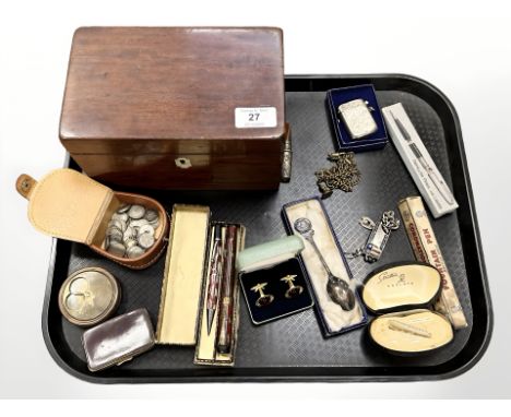 A George V coronation commemorative fountain pen, a combination propelling pencil/lighter, three pence pieces, a Victorian ma