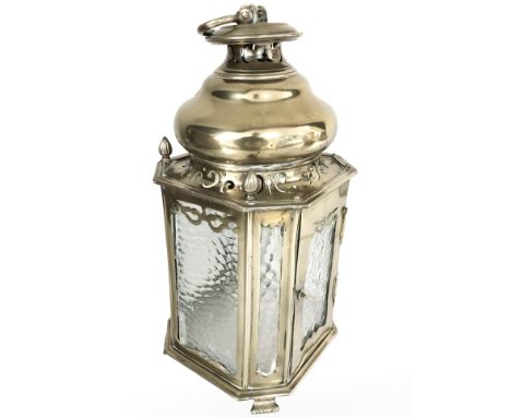 An early 20th century brass and textured glass hanging lantern, height 41 cm. CONDITION REPORT: Missing several finials and c